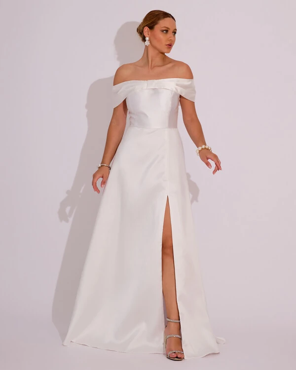 Vestido de Festa Longo Ombro a Ombro Laço Zibeline com Fenda Branco
