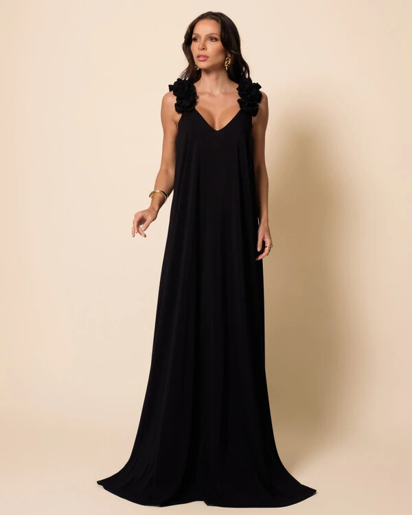 Vestido de Festa Longo Crepe Chiffon Fluido Decote em V Flores Preto