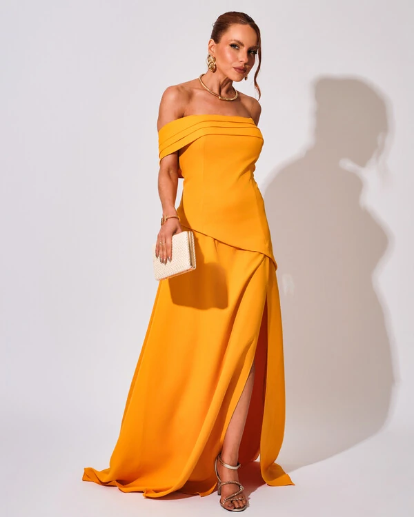 Vestido de Festa Longo Alfaiataria Ombro a Ombro Drapeado com Fenda Laranja manga