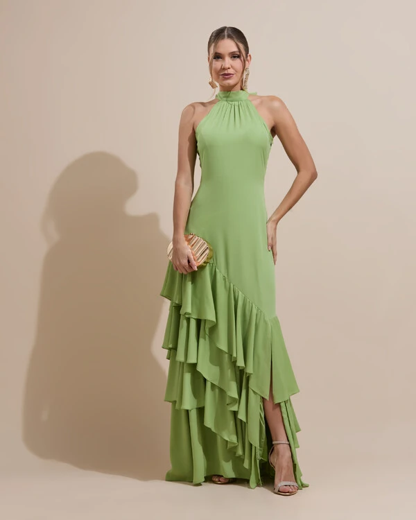 Vestido de Festa Longo Chiffon Crepe Gola Alta Babados Verde Garden