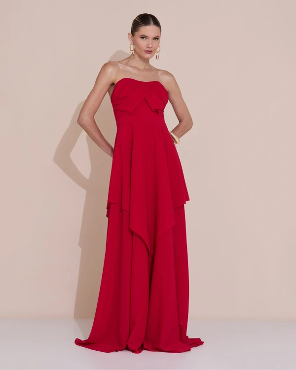 Vestido de Festa Longo Tomara que Caia Crepe Chiffon Drapeado Camadas Vermelho