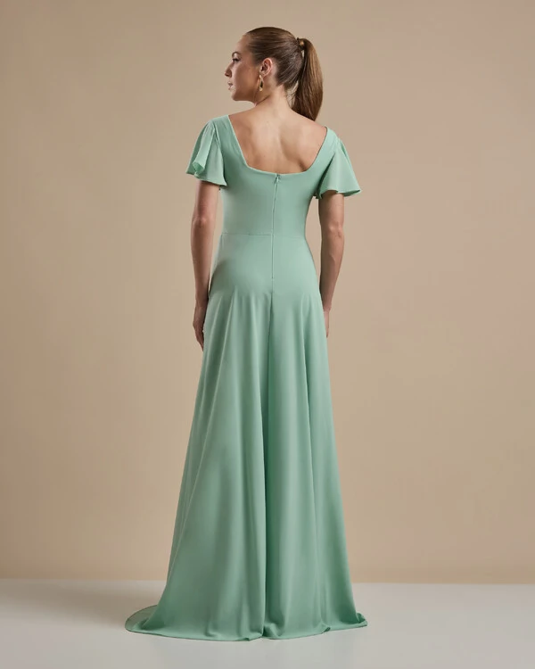 Vestido de Festa Longo Crepe Chiffon Manga Babado e Fenda Verde Menta