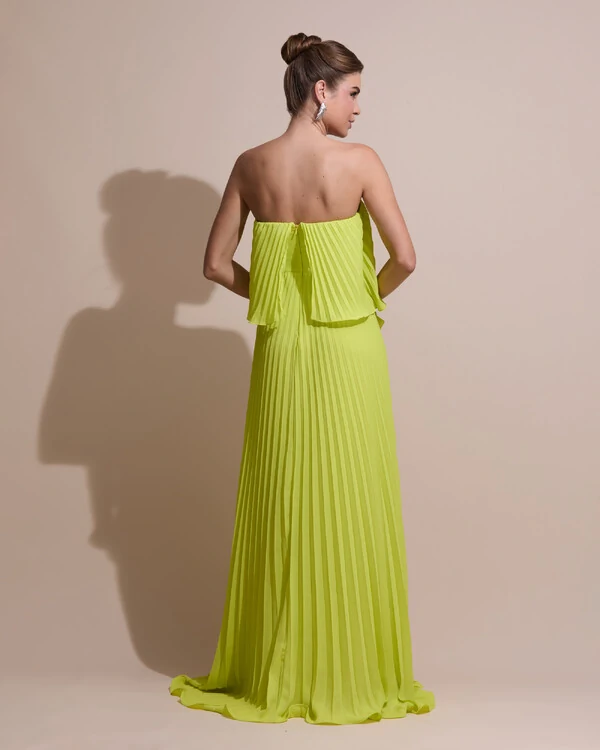 Vestido de Festa Longo Crepe Chiffon Tomara que Caia Plissado com Babado Cascata Verde Lima