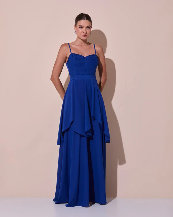 Vestido de Festa Longo Decote Coração Plissado Crepe Chiffon Babados Cascata Azul Royal