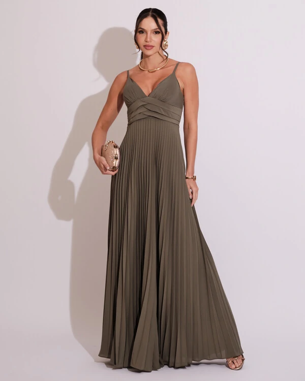 Vestido de Festa Longo Plissado Crepe Chiffon com Alça Verde Oliva