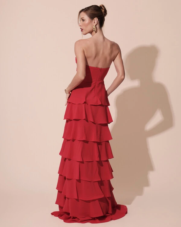 Vestido Longo Crepe Chiffon Tomara que Caia Plissado em Camadas Vermelho