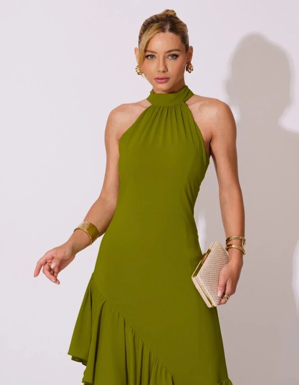 Vestido de Festa Longo Chiffon Crepe Gola Alta Babados Verde Oliva New