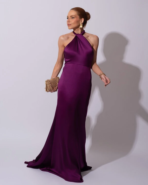 Vestido de Festa Longo em Cetim Alfaiataria com Elastano Frente Única Roxo