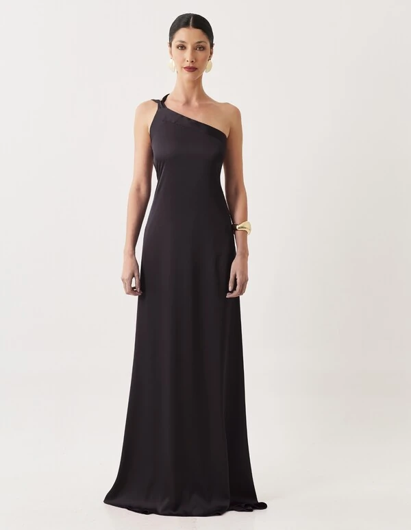 Vestido de Festa Longo Cetim Fluido Um Ombro Só Amarração Costas Preto