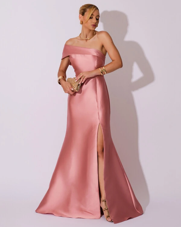 Vestido de Festa Zibeline com Faixa Ombro a Ombro Rose