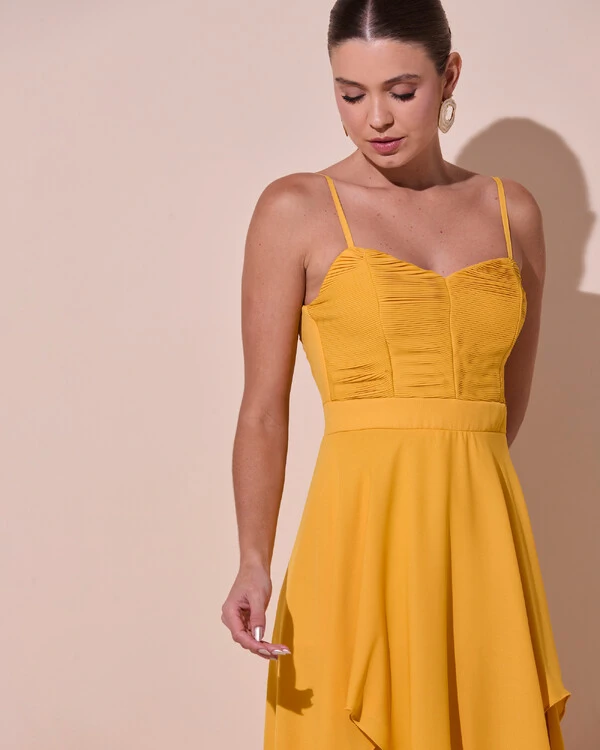 Vestido de Festa Longo Decote Coração Plissado Crepe Chiffon Babados Cascata Laranja Manga New