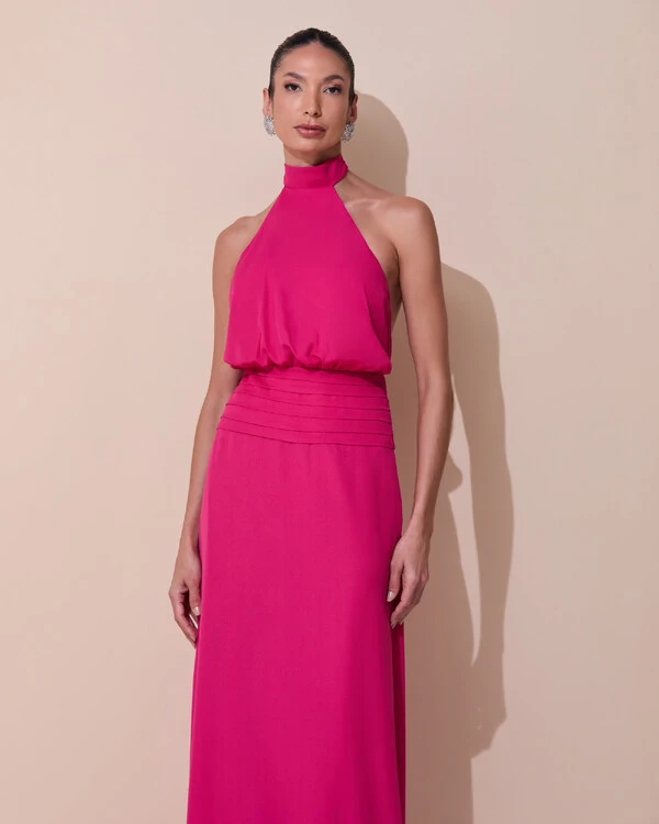 Vestido de Festa Longo Frente Única Busto Blousê Crepe Chiffon Drapeado Pink Escuro