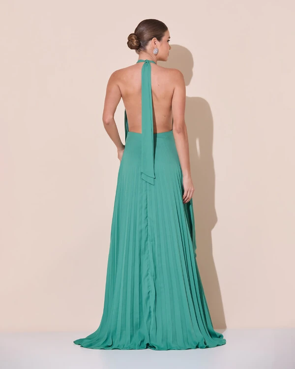Vestidos de Festa Longo Chiffon Fluido Frente Única Plissado Duplo Verde Matcha Escuro