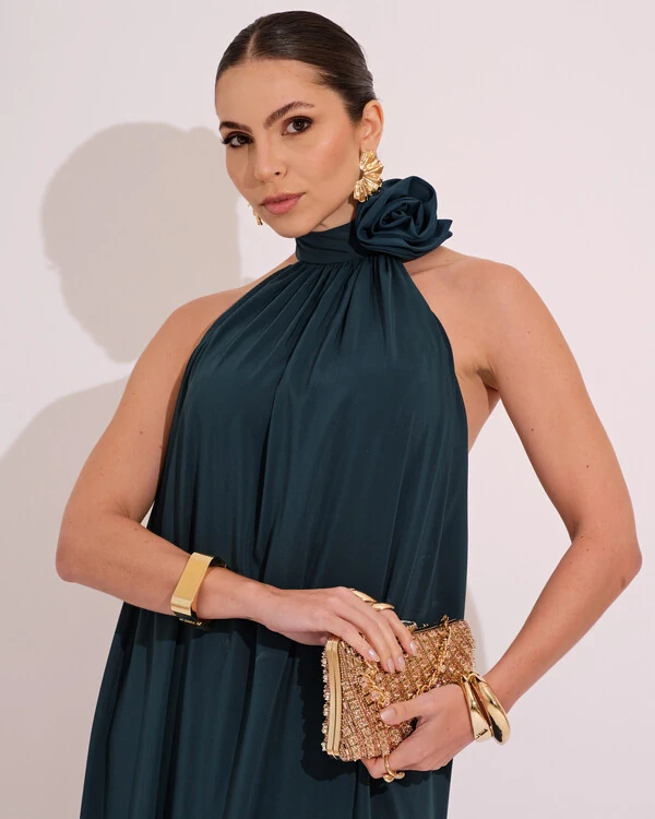 Vestido Longo Crepe Chiffon Frente Única Fluido Flor Removível Verde Escuro