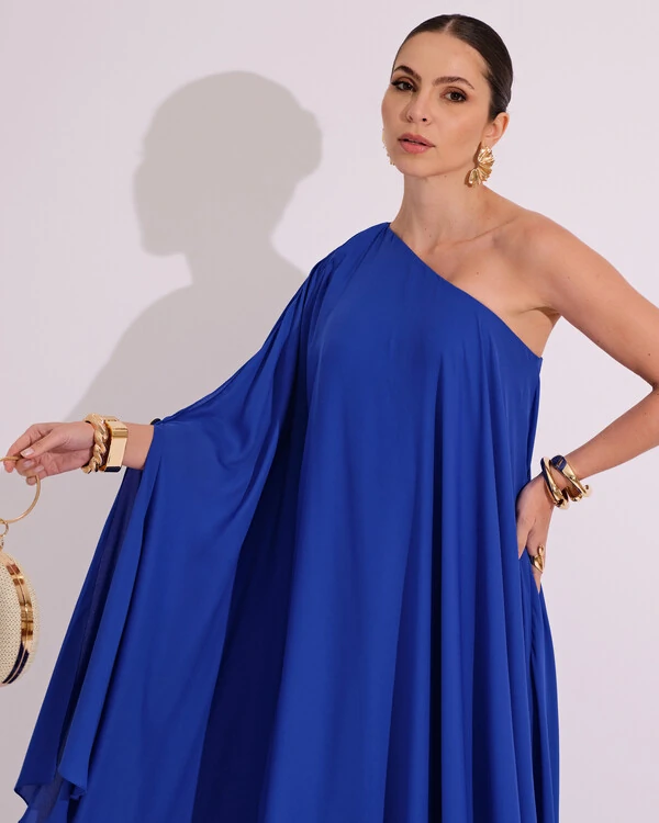 Vestido de Festa um Ombro com Capa Crepe Fluido Azul Royal