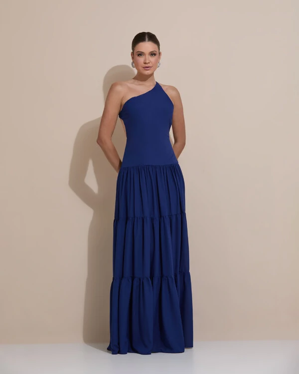 Vestido de Festa Longo Um ombro Só Crepe Chiffon Saia Fluida Azul Marinho
