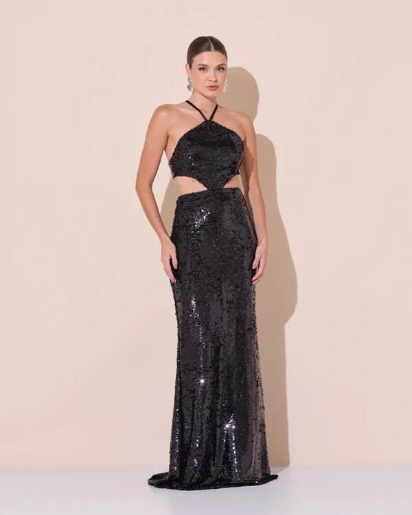 Vestido de Festa Longo Frente Única Paetê Recortes Costas Trançada Preto