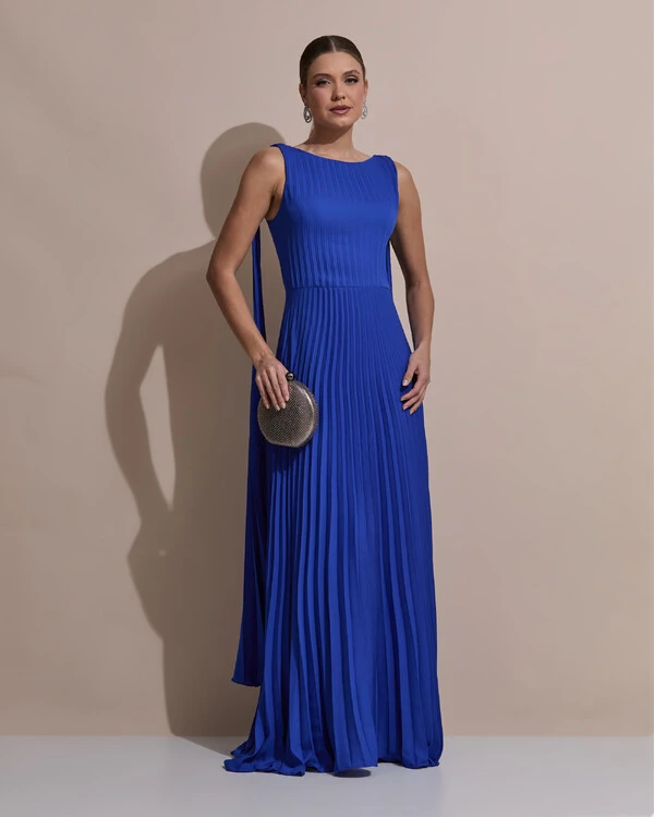 Vestido de Festa Longo Crepe Chiffon Plissado com Lenço nas Alças Azul Royal