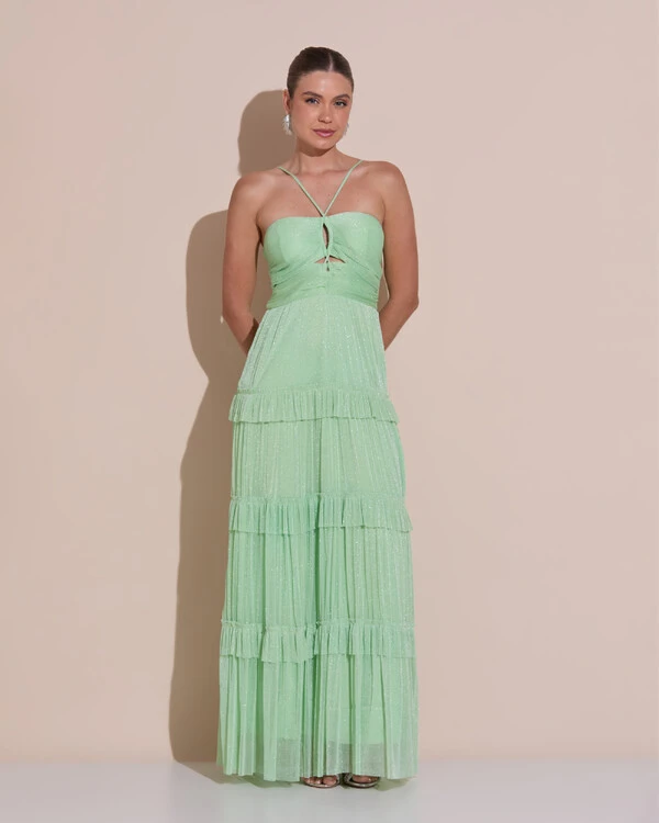 Vestido de Festa Longo Tule com Saia Babado Verde Lima