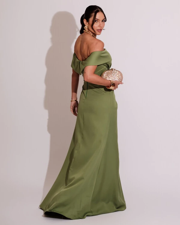 Vestido de Festa Longo Ombro a Ombro com Fenda em Alfaiataria Verde Matcha