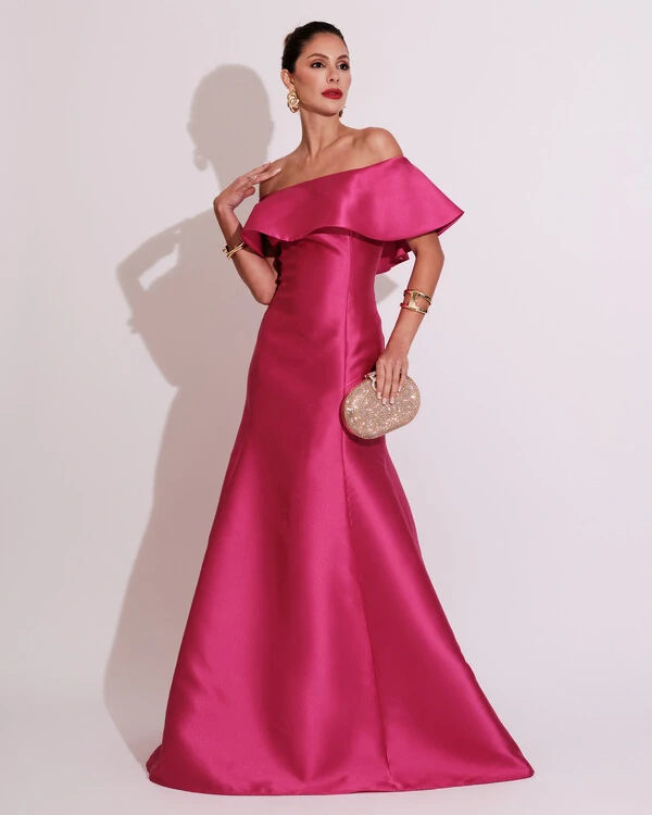 Vestido de Festa Longo Ombro a Ombro Zibeline com Babado Pink