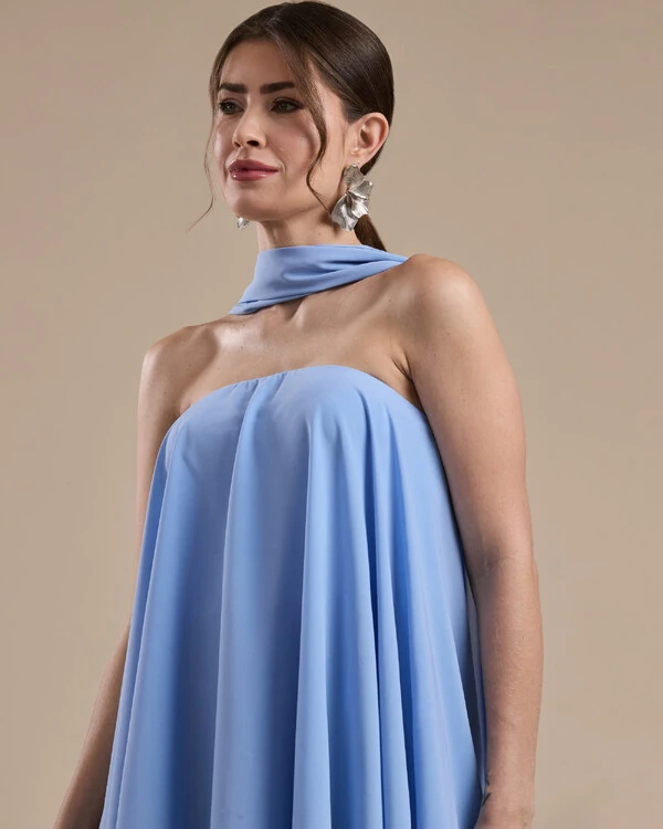 Vestido de Festa Longo Chiffon Crepe em Camadas com Lenço Serenity