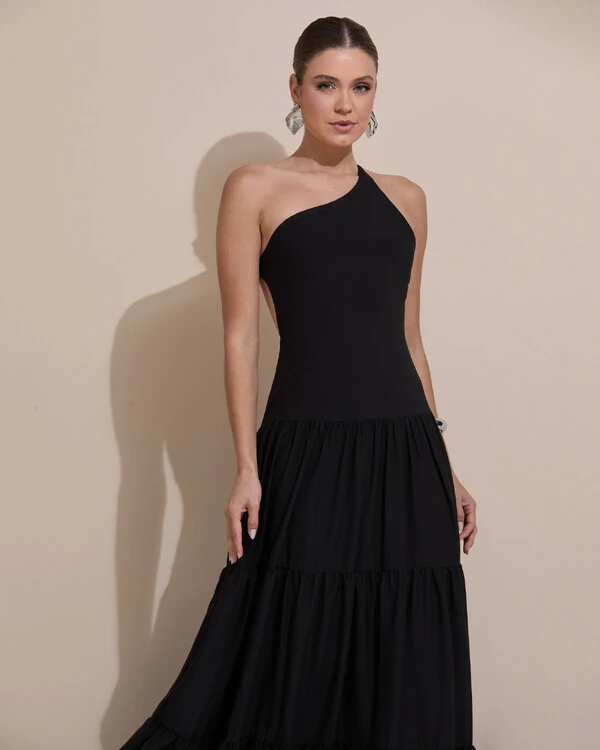 Vestido de Festa Longo Um ombro Só Crepe Chiffon Saia Fluida Preto
