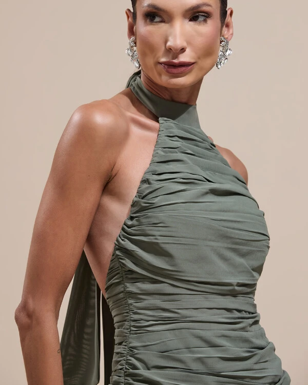 Vestido de Festa Longo Frente Única Crepe Chiffon Drapeado Babados Cascata Verde Oliva