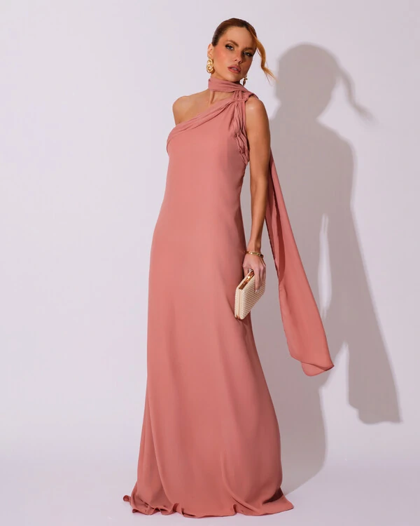 Vestido de Festa Longo Crepe Chiffon Um Ombro Só Drapeado Rose