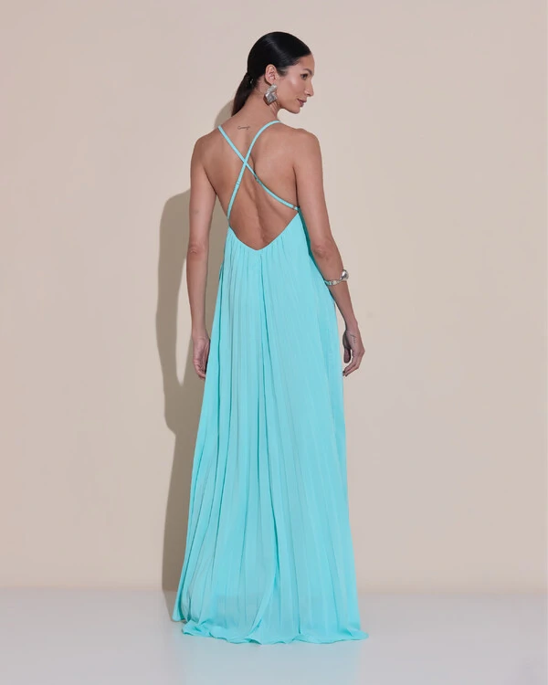Vestido de Festa Longo Plissado Crepe Chiffon Decote V Alças Finas Tiffany
