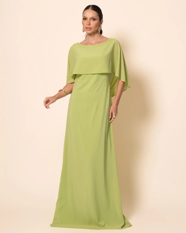 Vestido de Festa Longo Crepe Chiffon com Capa e Degagê nas Costas Verde Garden