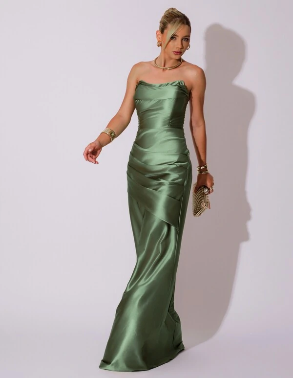 Vestido de Festa longo Cetim Malha Metálico Tomara que Caia Detalhe Drapeado Verde Escuro