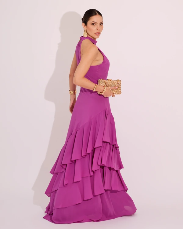 Vestido de Festa Longo Decote Halter com Babados Fúcsia