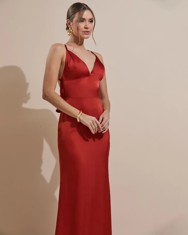 Vestido de Festa Longo Costas Abertas Laço Cetim Decote V Terracota