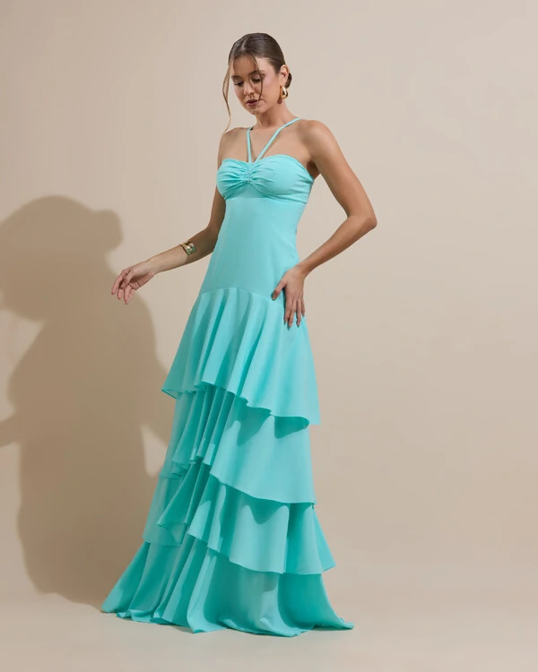 Vestido Longo Crepe com Babado em Camadas Tiffany