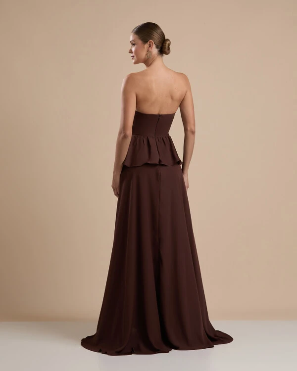 Vestido de Festa Longo Crepe Chiffon Tomara que Caia Peplum Drapeado Marrom