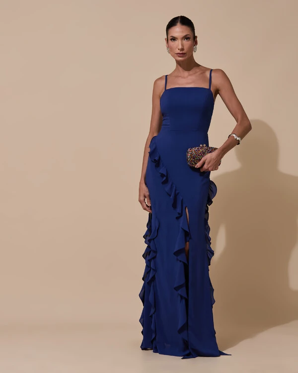 Vestido de Festa Longo Alças Finas Crepe Chiffon Babado Cascata Fenda Costas V Azul Marinho
