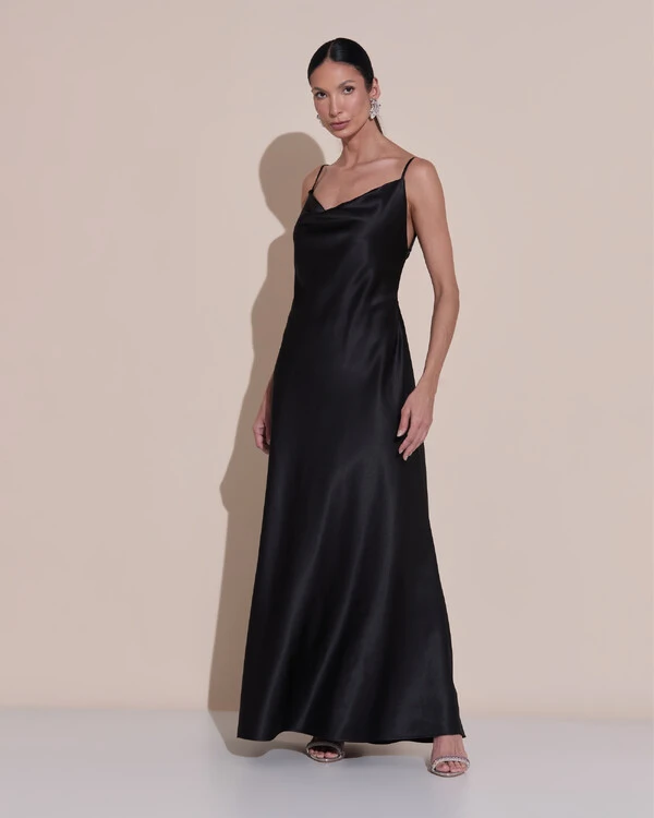 Vestido de Festa Midi Fivela Costas Cetim Preto