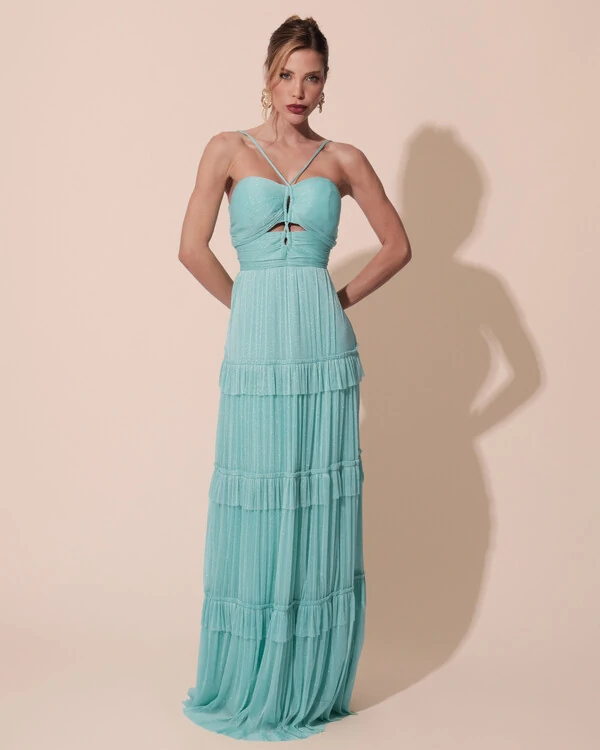 Vestido de Festa Longo Tule com Saia Babado Tiffany
