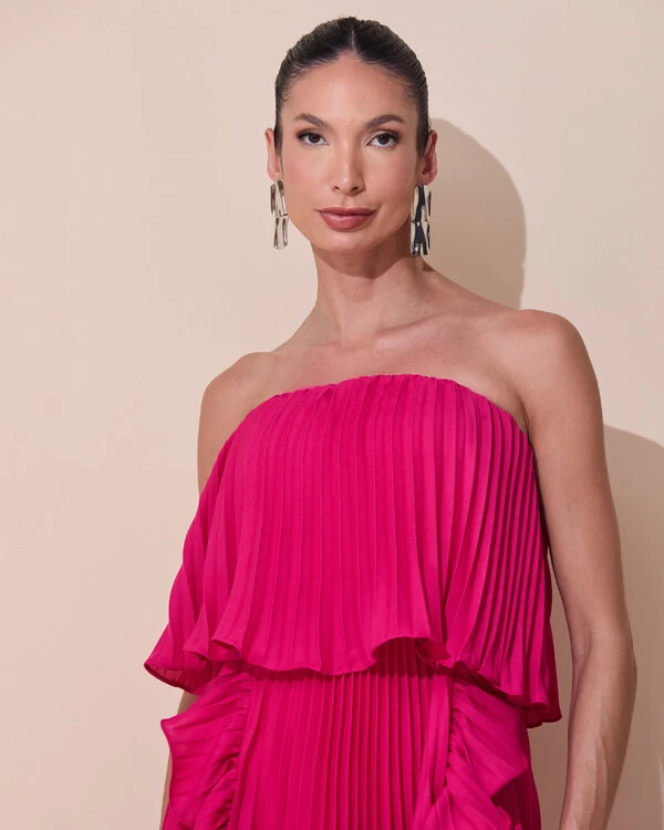 Vestido de Festa Longo Crepe Chiffon Tomara que Caia Plissado com Babado Cascata Pink Escuro
