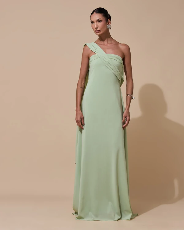 Vestido de Festa Longo Tomara que Caia Crepe Chiffon Lenço Drapeado Costas Trançada Verde Menta New
