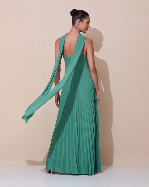 Vestido de Festa Longo Plissado Crepe Chiffon com Alça e Lenço Verde Matcha Escuro