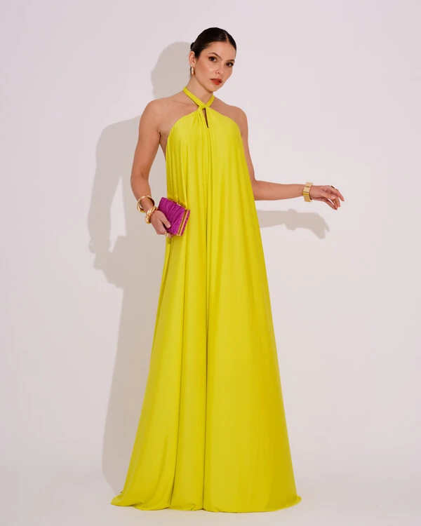 Vestido Longo com Amarração em Malha Verde Lima