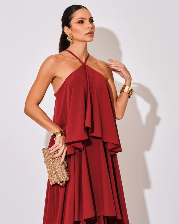 Vestido Longo Babado em Camadas Marsala Escuro