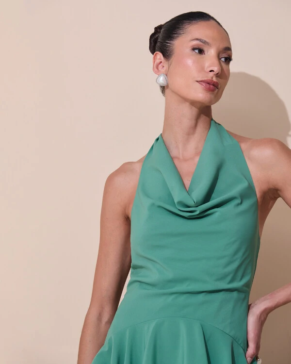 Vestido de Festa Longo Frente Única Degagê Crepe Chiffon Babados Mullet Verde Matcha Escuro