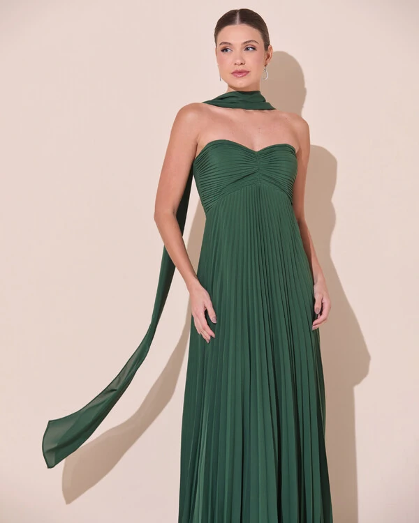 Vestido de Festa Longo Tomara que Caia Plissado com Lenço Verde Escuro New
