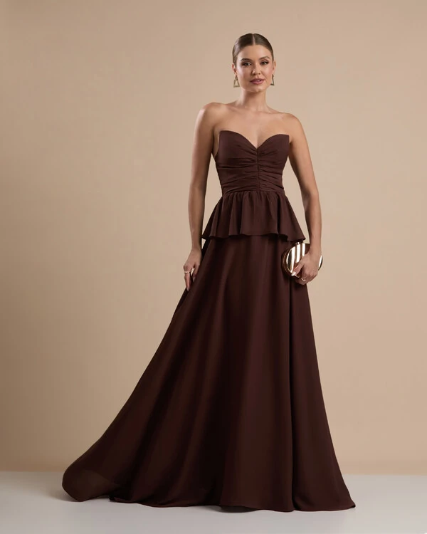 Vestido de Festa Longo Crepe Chiffon Tomara que Caia Peplum Drapeado Marrom