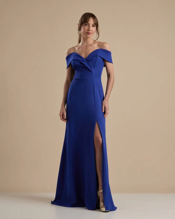 Vestido de Festa Longo Alfaiataria Ombro a Ombro com Fenda Azul Royal