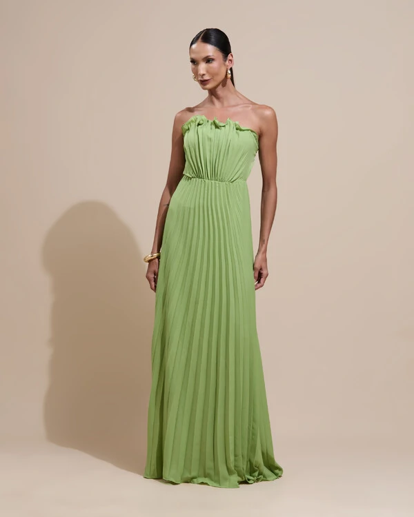 Vestido de Festa Longo Tomara que Caia Plissado Detalhe Verde Garden