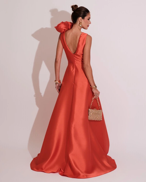 Vestido de Festa longo Zibeline Flor Laranja